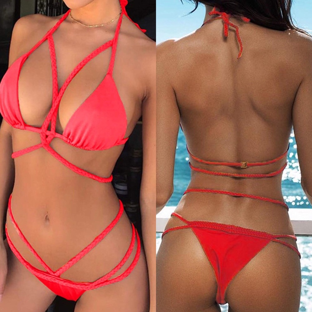 ✨THE BELIZE RED BRAIDED 2 PIECE BIKINI SWIMSUIT - Picture 1 of 5